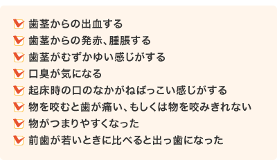 1.歯茎からの出血する2.歯茎からの発赤、腫脹する3.歯茎がむずかゆい感じがする4.口臭が気になる5.起床時の口のなかがねばっこい感じがする6.物を咬むと歯が痛い、もしくは物を咬みきれない7.物がつまりやすくなった8.前歯が若いときに比べると出っ歯になった
